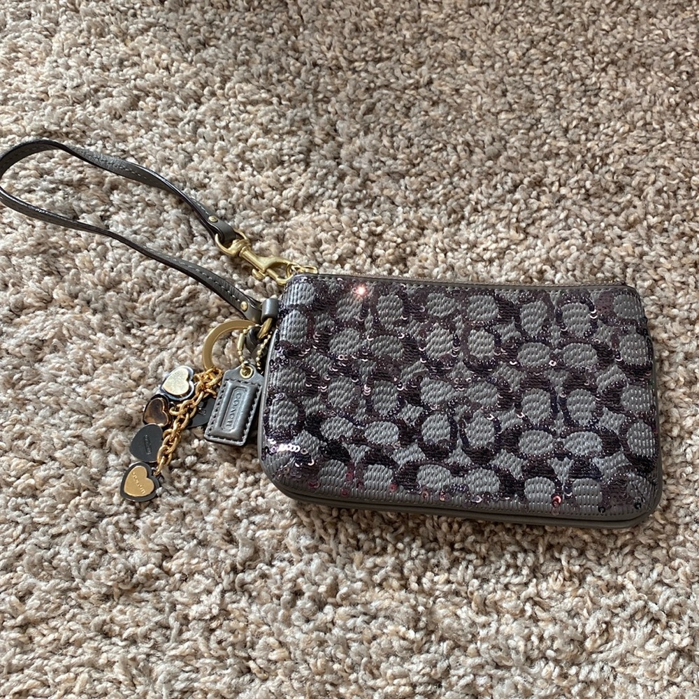 Coach Gray Sequin Wristlet with Coach Heart Keychain